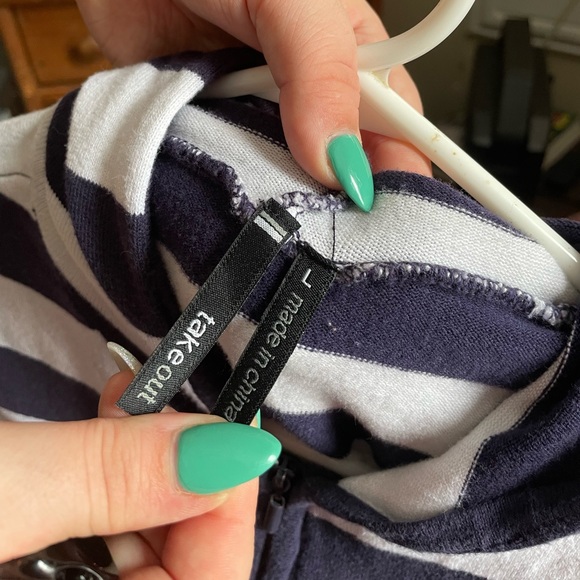 Take Out Striped Zip Up Hooded 3/4 Sleeve Sweatshirt - Picture 3 of 3